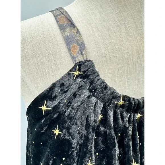 NWT Blk Velvet Metallic Gold Star Print‎ Halter Dress Fairy Grunge Whimsy Goth S - Picture 5 of 9